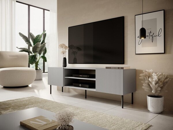 TV-állvány Evartivu 104, Közepes sűrűségű farostlemez, Laminált forgácslap, 57x180x42cm, Szürke