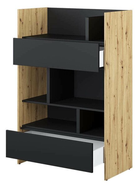 Könyvespolc Concept Pro Lenart IX, Nyitott, Fiókokkal, Laminált forgácslap, 138x92x46cm, Artisan tölgy, Fekete