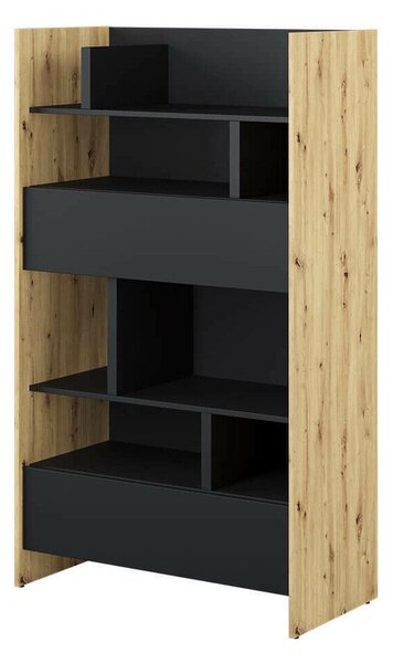 Könyvespolc Concept Lenart X, Nyitott, Fiókokkal, Laminált forgácslap, 158x92x46cm, Artisan tölgy, Fekete