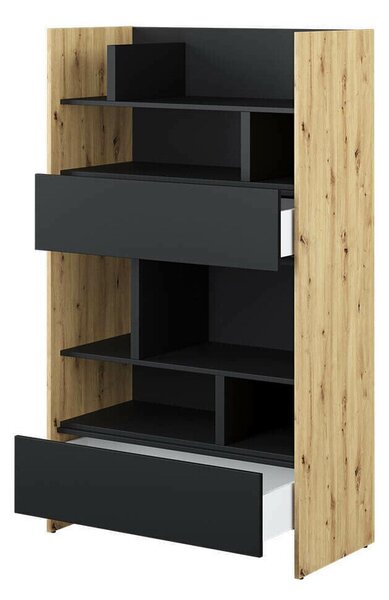 Könyvespolc Concept Lenart X, Nyitott, Fiókokkal, Laminált forgácslap, 158x92x46cm, Artisan tölgy, Fekete