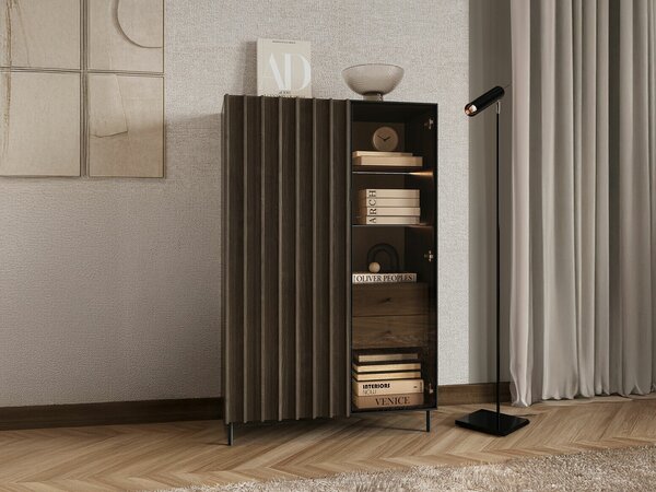 Könyvespolc Catevari 105, Ajtókkal, Fiókokkal, Edzett üveg, Laminált forgácslap, 144x92x44cm, Sötét barna, Fekete