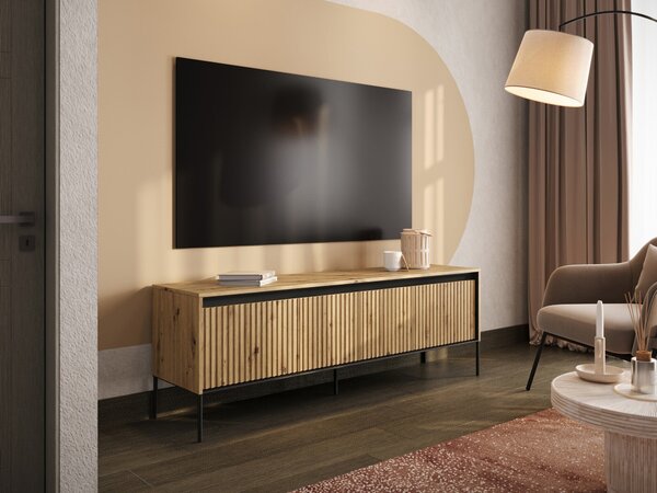 TV-állvány Fernolu 104, Közepes sűrűségű farostlemez, Laminált forgácslap, 56x167x40cm, Artisan tölgy, Fekete