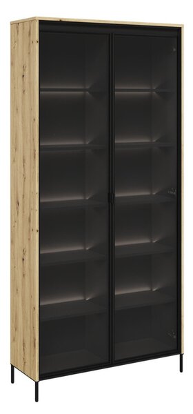 Könyvespolc Fernolu 106, Ajtókkal, Közepes sűrűségű farostlemez, Laminált forgácslap, Edzett üveg, 196x92x34cm, Fekete, Artisan tölgy
