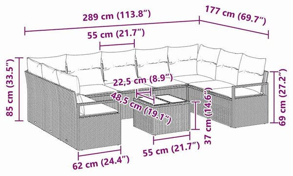VidaXL Kanapé Szett párnával 10 pcs Fekete polirattan