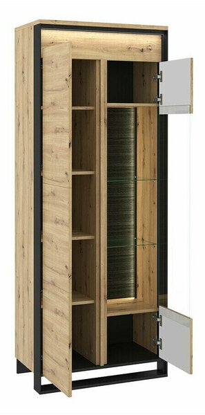 Könyvespolc Luliru 123, Ajtókkal, Laminált forgácslap, Edzett üveg, 195x76x41cm, Fekete, Artisan tölgy