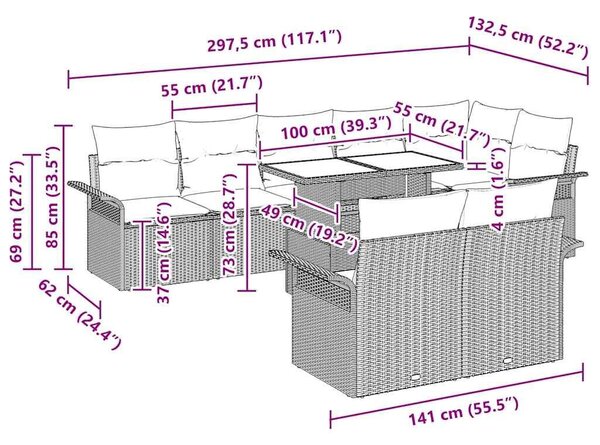 VidaXL Kerti Kanapé Szett párnával tárolóval 9 pcs Barna Poli rattan