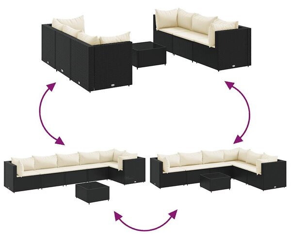 VidaXL 7 részes fekete polyrattan kerti ülőgarnitúra párnákkal