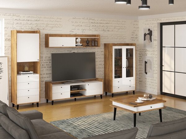 TV-állvány Gilroy 126, Laminált forgácslap, 57x160x46cm, Bordó tölgy, Fényes fehér