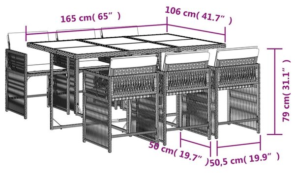 VidaXL 7 részes világosszürke polyrattan kerti étkezőszett párnával