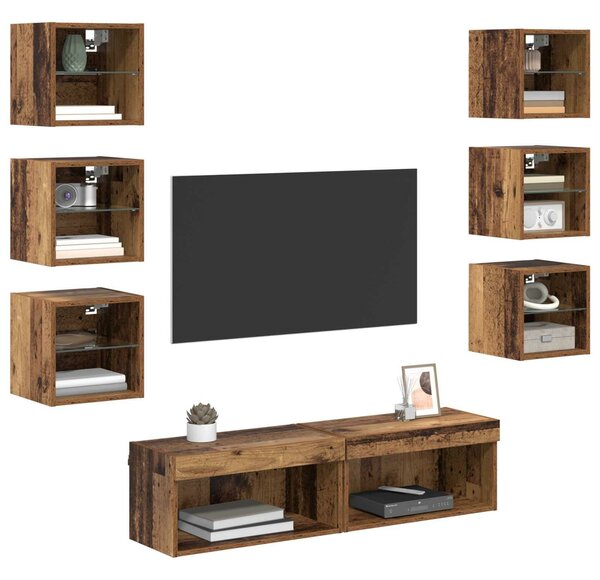 VidaXL TV szekrény LED -es lámpákkal fiókkal 8 pcs Öreg fa Üveg
