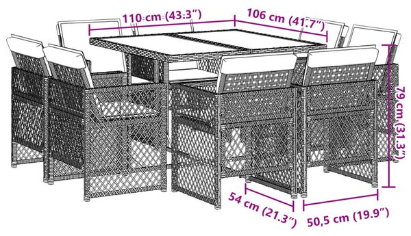 VidaXL 9 részes fekete polyrattan kerti étkezőgarnitúra párnákkal