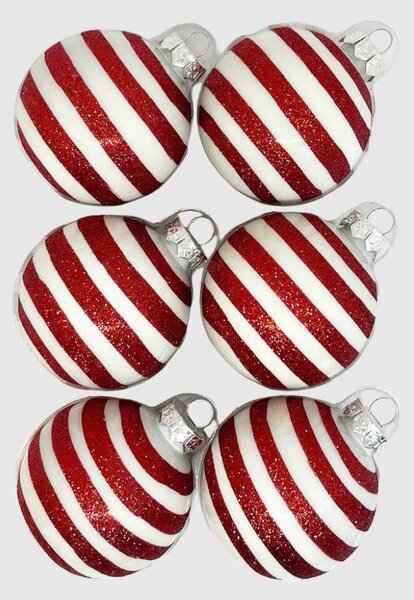 Red Glitter Stripe kézzel festett fehér-piros üveg karácsonyi gömb szett 6*7cm