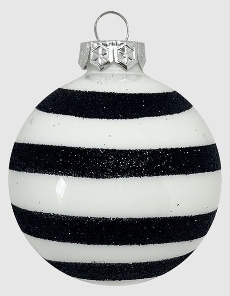 Black Glitter Stripe kézzel festett fehér-fekete üveg karácsonyi gömb szett 6*7cm