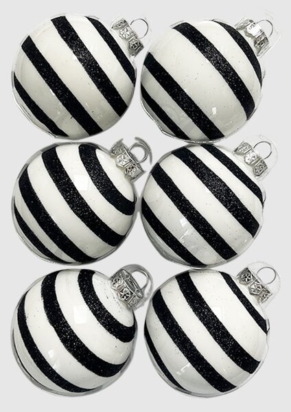 Black Glitter Stripe kézzel festett fehér-fekete üveg karácsonyi gömb szett 6*7cm