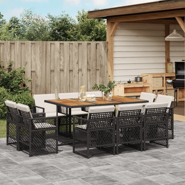 VidaXL 11 részes fekete polyrattan kerti étkezőgarnitúra párnákkal