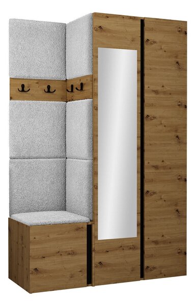 Előszoba garnitúra Pinis XXVI, 186x116x46cm, Tükör, Fekete, Artisan tölgy, Világosbarna, Kárpit, Laminált forgácslap