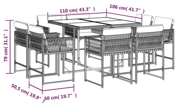 VidaXL 9részes világosszürke polyrattan kerti étkezőgarnitúra párnával