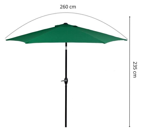 Kerti terasz napernyő, hajtókaros és dönthető, 250 cm átmérőjű, zöld