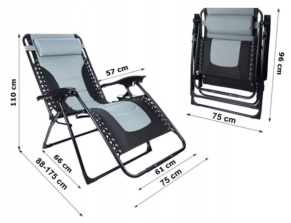 Siesta összecsukható gravitációmentes napozóágy strandra vagy kertbe, fejtámlával, 175x75x110 cm, fekete szürke