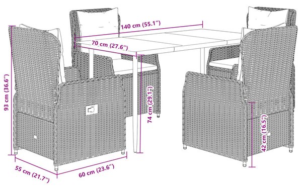 VidaXL 5 részes barna polyrattan kerti étkezőgarnitúra párnákkal