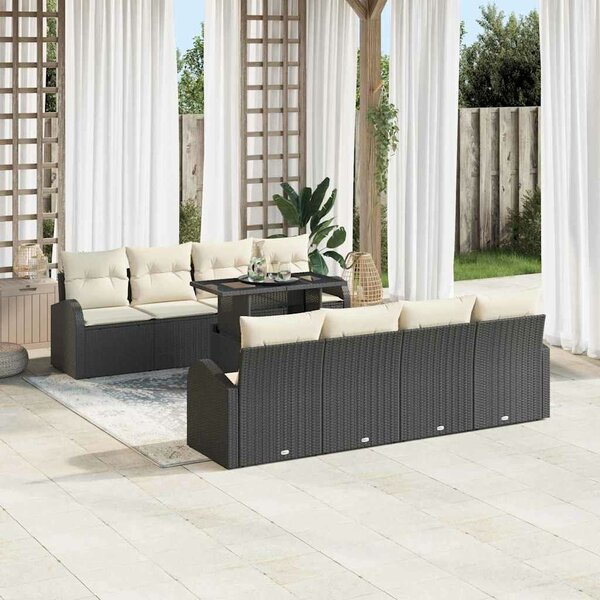 VidaXL Kerti Kanapé Szett párnával tárolóval 9 pcs Fekete Poly Rattan