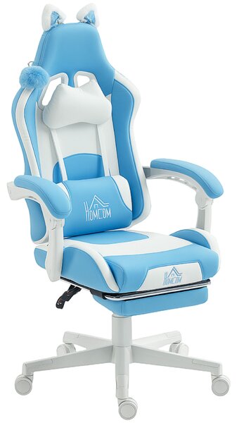 HOMCOM Dönthető Gamer Szék Lábtartóval és Párnákkal, Műbőrből, 65x62x116-124 cm, Fehér és Rózsaszín