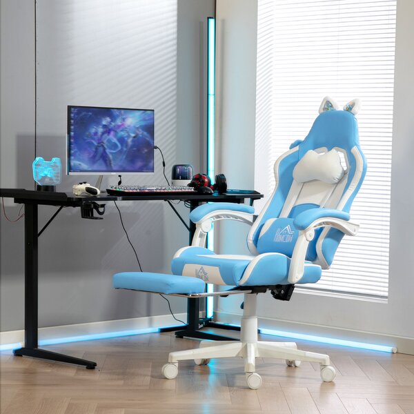 HOMCOM Dönthető Gamer Szék Lábtartóval és Párnákkal, Műbőrből, 65x62x116-124 cm, Fehér és Rózsaszín