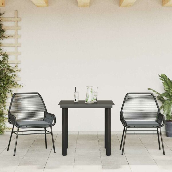 VidaXL 3 részes fekete polyrattan üveg kerti étkezőgarnitúra párnákkal