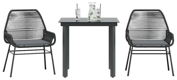 VidaXL 3 részes fekete polyrattan üveg kerti étkezőgarnitúra párnákkal