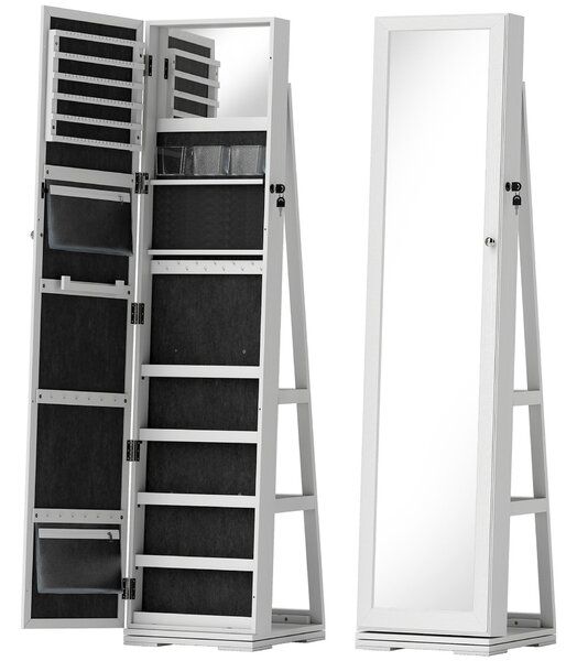 HOMCOM Ékszertartó Tükör, Modern Forgó Állótükör Hálószobába, 38x38x160 cm, Fehér
