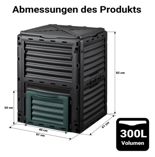Kerti komposztáló 300 liter 61 x 61 x 82 cm, műanyag komposztáló szerves és kerti hulladékhoz, komposztáló fedéllel, gyors komposztáló alsó fedéllel az ürítéshez