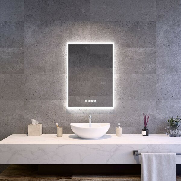 Álló fürdőszobai LED tükör 50x70cm | Páramentesítő funkció - Óra - Fényerő és színhőmérséklet szabályozás | Welland Luxury-Line G770