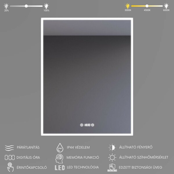 Álló fürdőszobai LED tükör 50x70cm | Páramentesítő funkció - Óra - Fényerő és színhőmérséklet szabályozás | Welland Luxury-Line G770