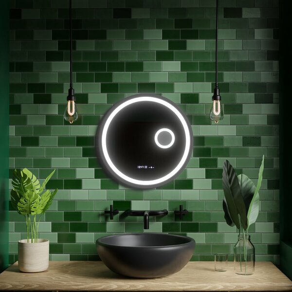 Kerek LED tükör, 60 cm, Micah Marcello MotionGlow érzékelő, páramentesítő rendszer, óra és hőmérő, kozmetikai nagyító, szabályozható fényerő