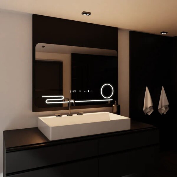 Téglalap alakú LED tükör, 120x80cm, Harmonie MotionGlow Marcello, páramentesítő rendszer, óra és hőmérő, kozmetikai nagyító, fényerő-szabályozható