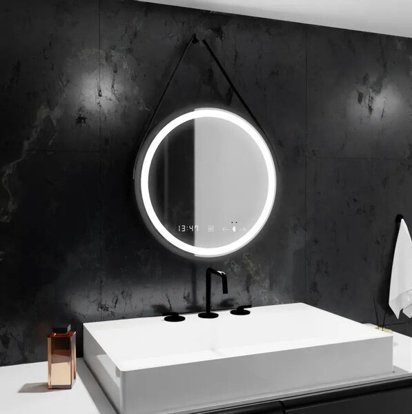 Kerek LED Tükör, 50cm, Fekete, Párátlanító Rendszer, Óra & Hőmérő, Szabályozható Fényerő
