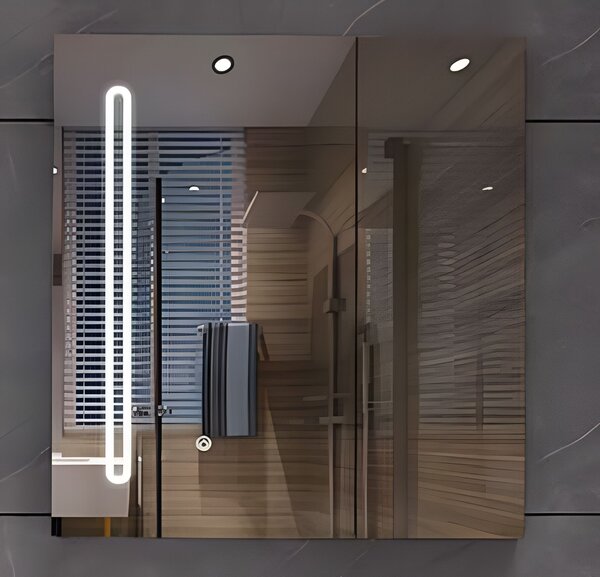 LED Tükrös Szekrény PLANO 80x70 cm Fehér – Érintésérzékelő és Tároló