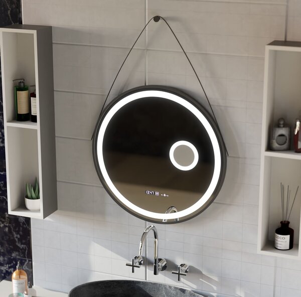 Kerek LED tükör, 60 cm, Micah Marcello MotionGlow érzékelő, páramentesítő rendszer, óra és hőmérő, kozmetikai nagyító, szabályozható fényerő