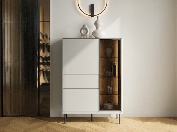 Könyvespolc Voloma 100, Fiókokkal, Ajtókkal, Edzett üveg, Laminált forgácslap, 140x99x41cm, Kasmír, Sötét tölgy