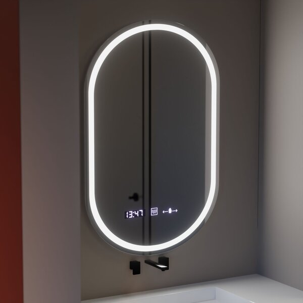 Ovális LED Tükör, 50x80cm, MotionGlow páramentesítő rendszerrel, órával és hőmérővel, szabályozható fényerővel