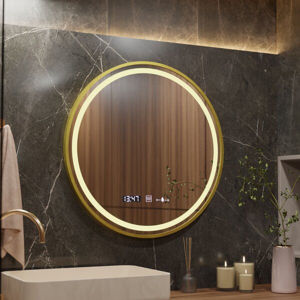 Kerek LED Tükör, 70cm, Celeste Royale Arany MotionGlow Marcello, Páramentesítő Rendszer, Óra & Hőmérő, Szabályozható Fényerő