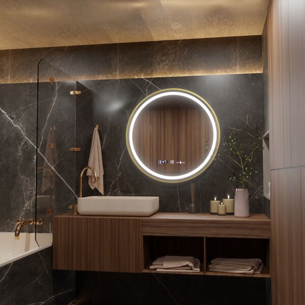 Kerek LED Tükör, 60cm, Celeste Royale Arany MotionGlow Marcello, Páramentesítő Rendszer, Óra & Hőmérő, Szabályozható Fényerő