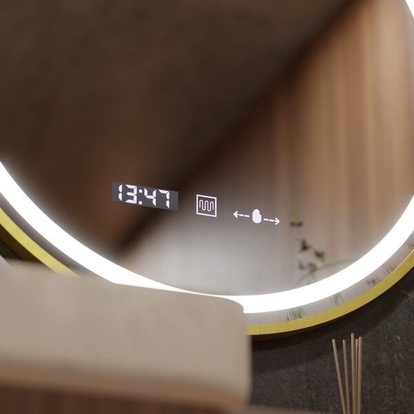 Kerek LED Tükör, 70cm, Celeste Royale Arany MotionGlow Marcello, Páramentesítő Rendszer, Óra & Hőmérő, Szabályozható Fényerő