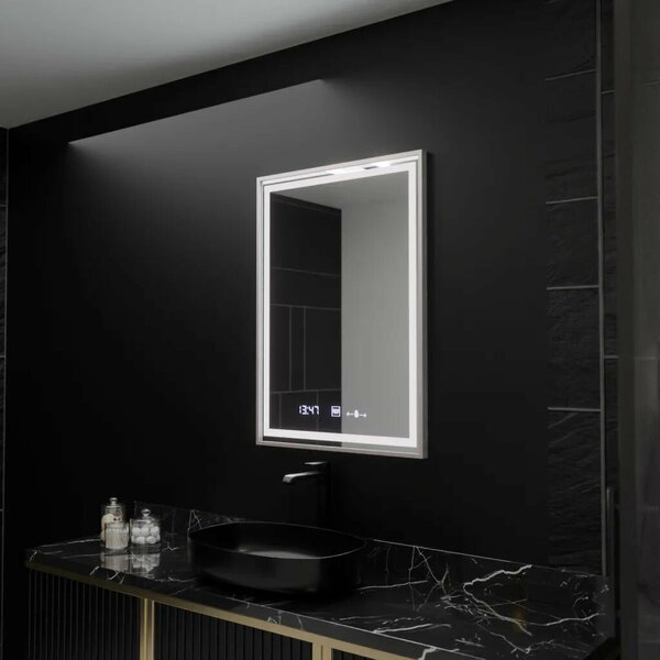 Téglalap alakú LED Tükör, 60x80cm, Verite Imperial Silver Motion Glow Marcello, Páramentesítő Rendszer, Óra és Hőmérő, Szabályoz