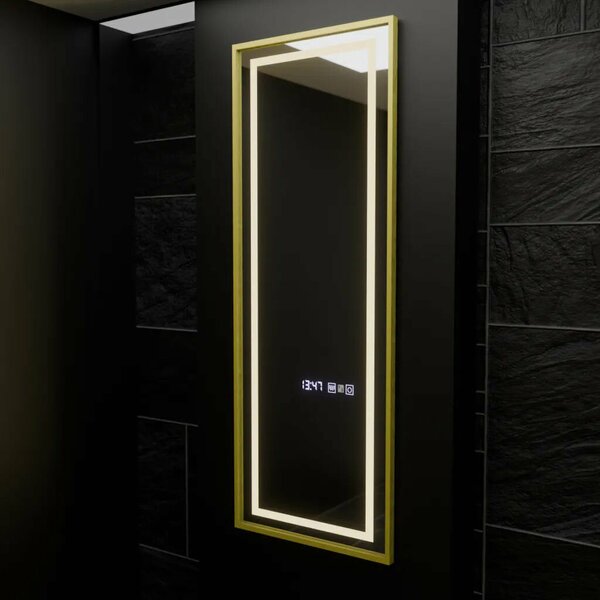 Téglalap alakú LED Tükör, 45x140cm, Elena Radar Szenzor Marcello, Páramentesítő Rendszer, Óra és Hőmérő, Szabályozható Fényerő