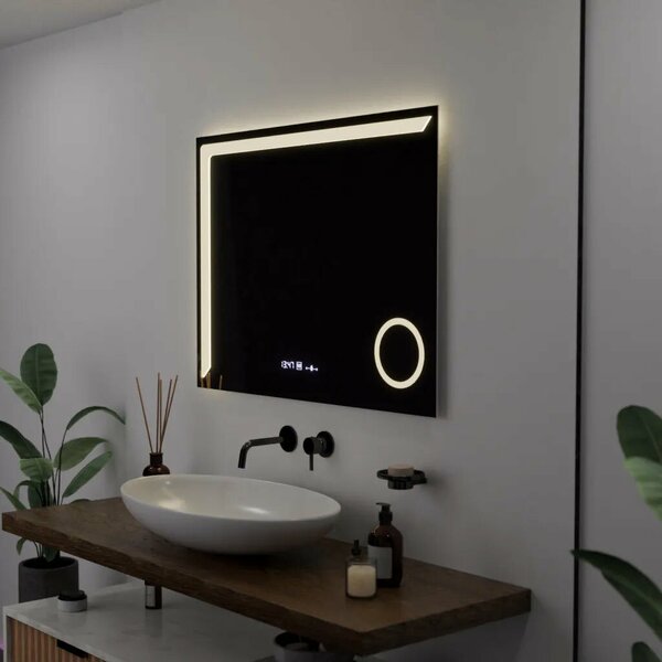 Téglalap alakú LED tükör, 80x60cm, Precision MotionGlow Marcello, Páramentesítő rendszer, Óra és hőmérő, Kozmetikai nagyító, Szabályozható fényerő