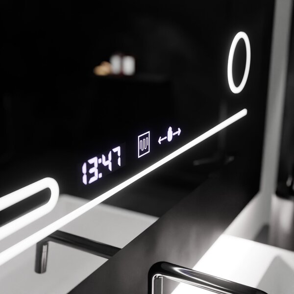 Téglalap alakú LED tükör, 80x60cm, Harmonie MotionGlow Marcello, páramentesítő rendszer, hőmérő és óra, kozmetikai nagyító, fényerő-szabályozható