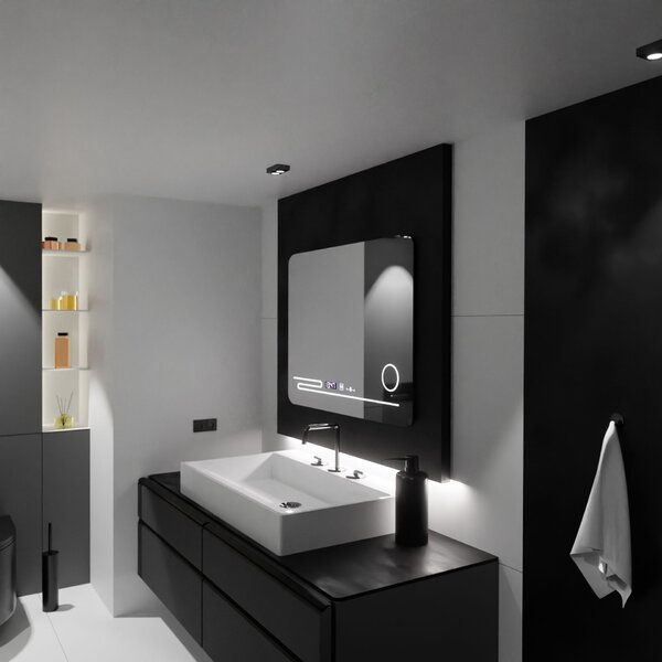 Téglalap alakú LED tükör, 80x60cm, Harmonie MotionGlow Marcello, páramentesítő rendszer, hőmérő és óra, kozmetikai nagyító, fényerő-szabályozható
