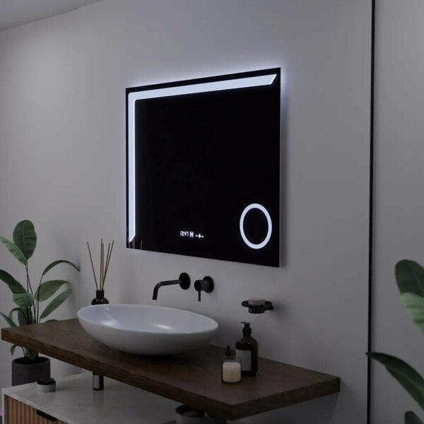 Téglalap alakú LED tükör, 80x60cm, Precision MotionGlow Marcello, Páramentesítő rendszer, Óra és hőmérő, Kozmetikai nagyító, Szabályozható fényerő