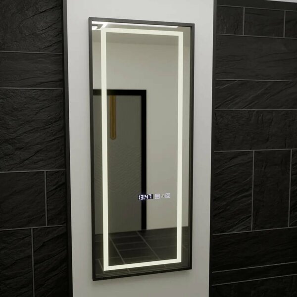 Téglalap alakú LED tükör, 60x150cm, fehér, radar szenzor, páramentesítő, óra és hőmérő, szabályozható fényerő